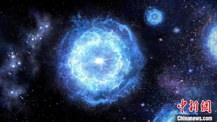 第一代超大質(zhì)量恒星演化成為“對(duì)不穩(wěn)定超新星”的藝術(shù)展示圖?！≈锌圃簢?guó)家天文臺(tái) 供圖