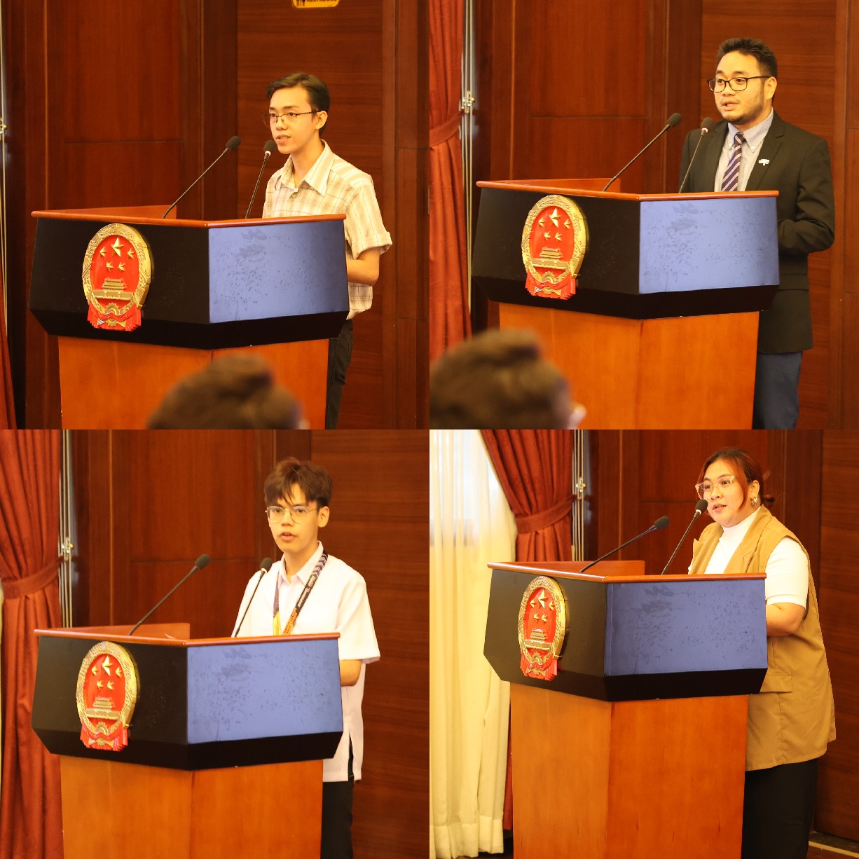 菲律賓大學(xué)、菲律賓師范大學(xué)的4位學(xué)生和校友代表現(xiàn)場(chǎng)發(fā)言向中方表示感謝并分享體會(huì)。駐菲律賓使館 供圖
