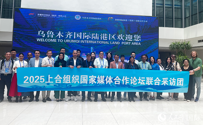 5月26日，外國(guó)媒體人在烏魯木齊國(guó)際陸港區(qū)合影留念。 人民網(wǎng)記者 翟轉(zhuǎn)麗攝