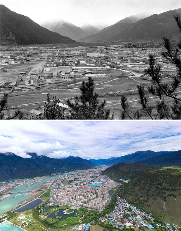 拼版照片：上圖是20世紀90年代的西藏林芝八一鎮(zhèn)；下圖是2021年7月20日拍攝的西藏林芝八一鎮(zhèn)風貌。