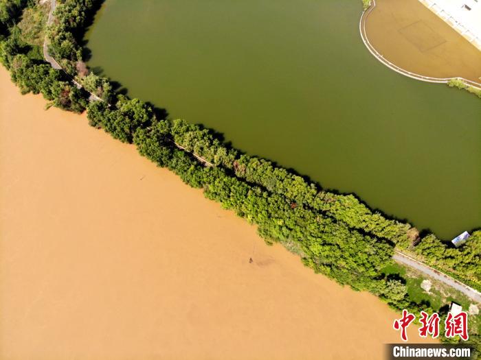 圖為2020年9月3日航拍黃河蘭州段濕地公園現(xiàn)黃河“鴛鴦鍋”。(資料圖) 高瑩 攝