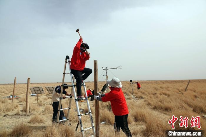 格爾木濕地站建設(shè)過程中，第二次青藏科考中科院空天院分隊(duì)隊(duì)員揮錘安裝防護(hù)欄?！?lt;a target='_blank' href='/'><p  align=