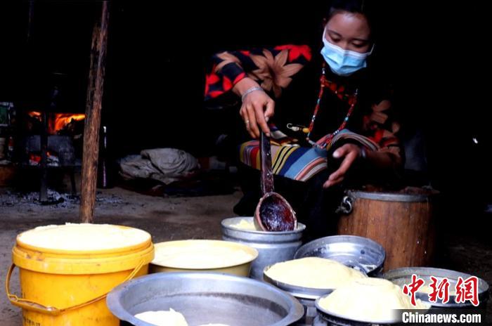圖為牧民正在制作酥油?！∪湛t文聯供圖
